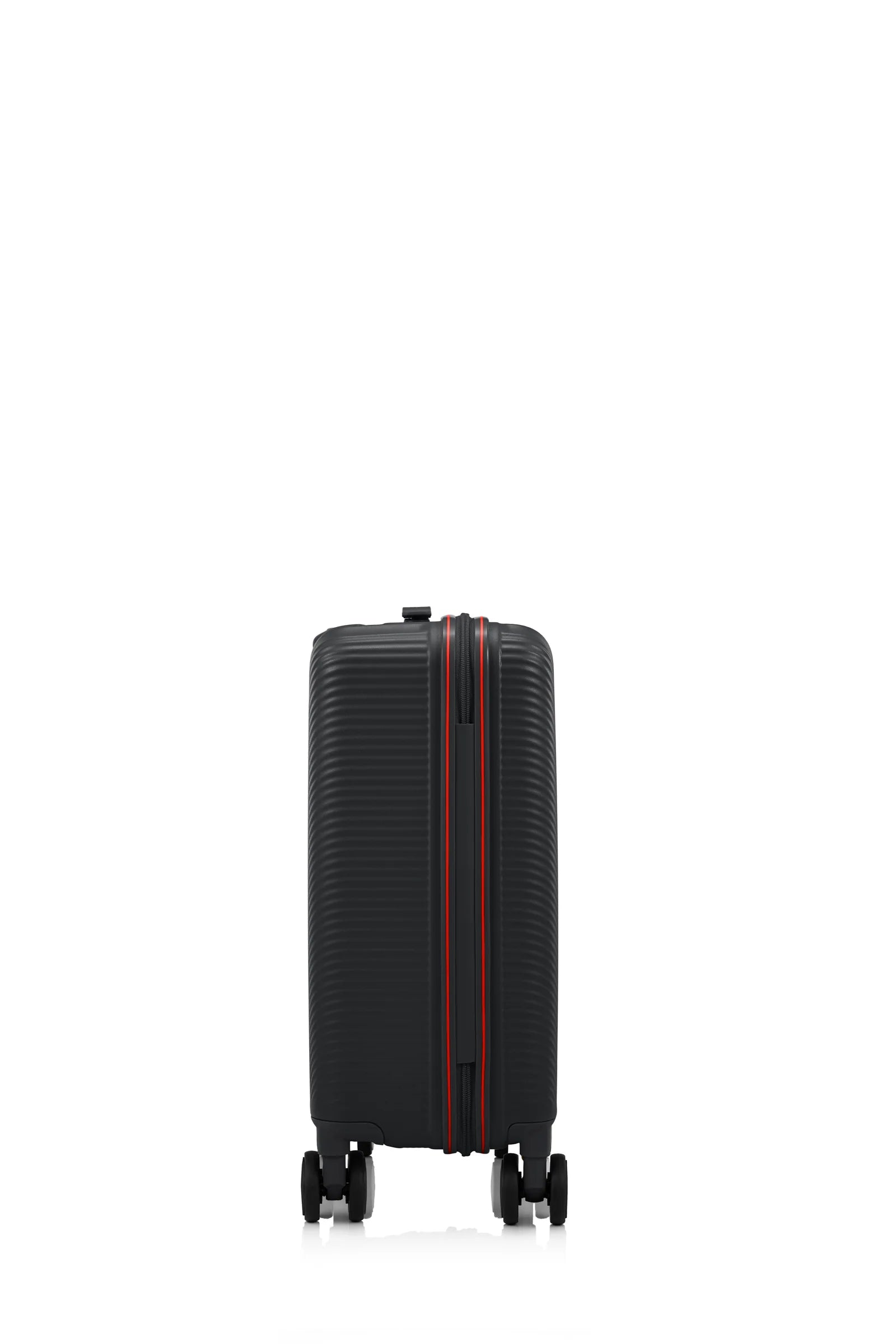 Other side view of the American Tourister Robotech spinner hard luggage in Black, showing the sleek textured hardshell and robust double wheels. Shop Online