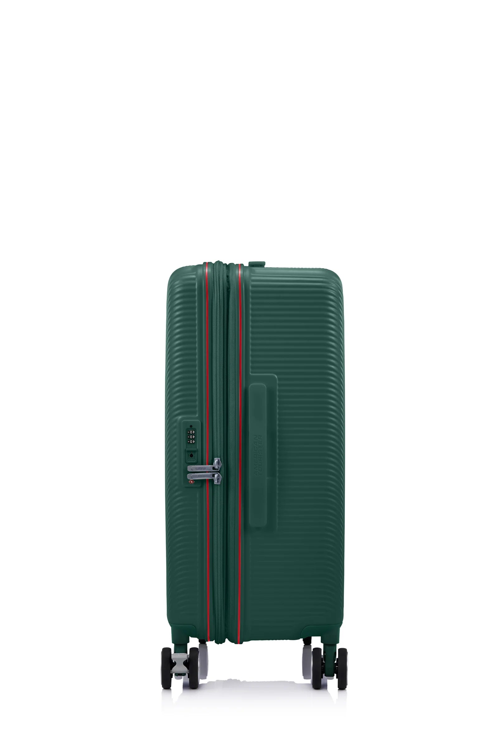 Other side view of the American Tourister Robotech spinner hard luggage in Dark Green, showing the sleek textured hardshell and robust double wheels. Shop Online