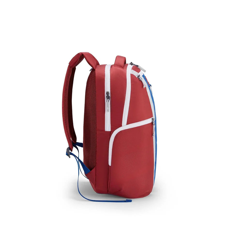 Other side view of the Herd 2.0 Backpack in Red/Blue. Shop Now Online 