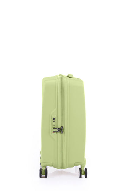 Other side view of the opened American Tourister Argyle cabin hard suitcase in Frozen Matcha, with geometric design, TSA lock, and spinner wheels Available Online