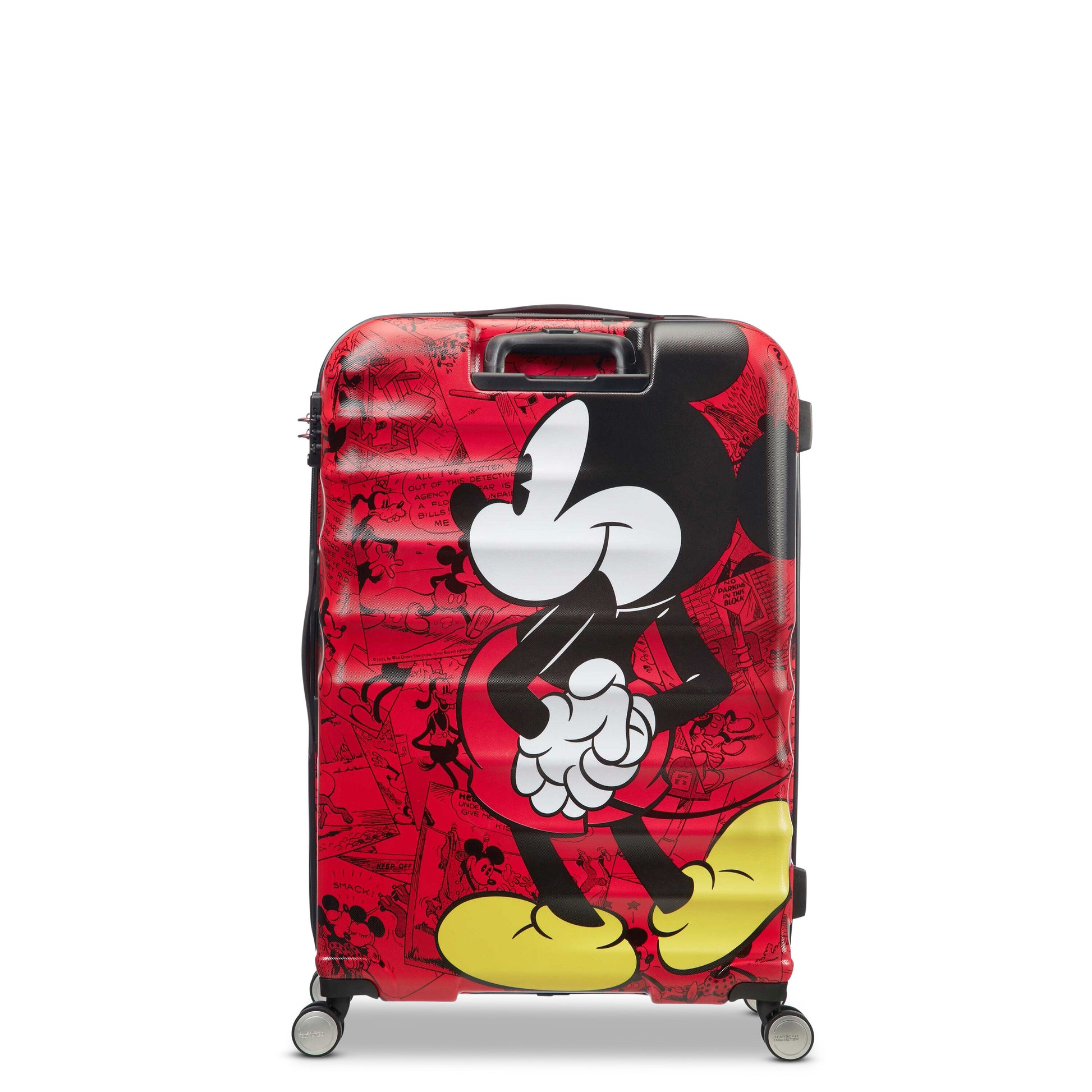 Second back view of the American Tourister Disney Wavebreaker Mickey Comics Red spinner, showing the vintage-style comic strip print and bright red shell accents. Available Online
