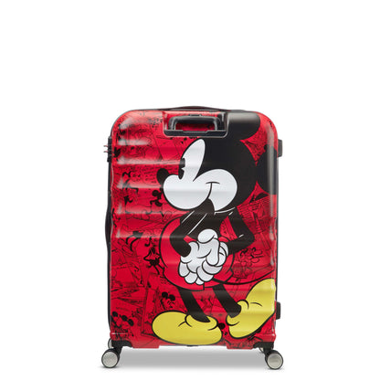 Second back view of the American Tourister Disney Wavebreaker Mickey Comics Red spinner, showing the vintage-style comic strip print and bright red shell accents. Available Online