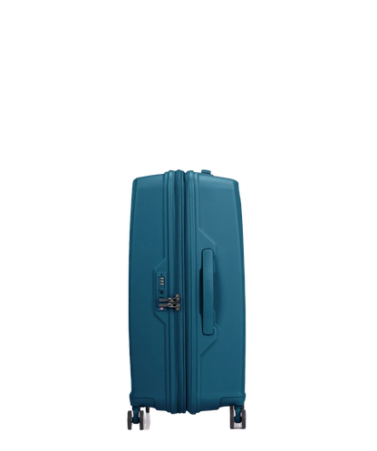 Side view of the American Tourister Argyle cabin hard suitcase in Deep Teal, with geometric design, TSA lock, and spinner wheels Available Online
