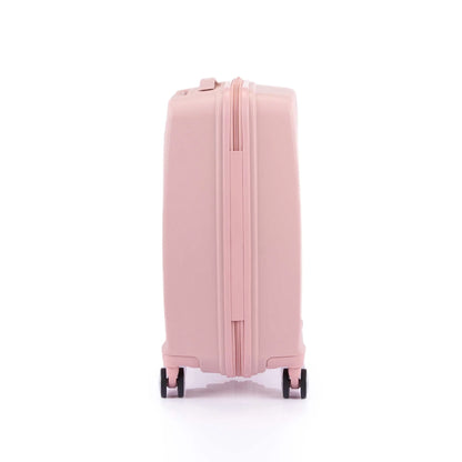 Side view of the American Tourister Argyle  hard suitcase in Antique Pink, with geometric design, TSA lock, and spinner wheels Available Online