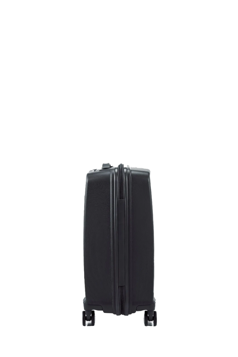 Side view of the American Tourister Argyle hard suitcase in Black, with geometric design, TSA lock, and spinner wheels Available Online