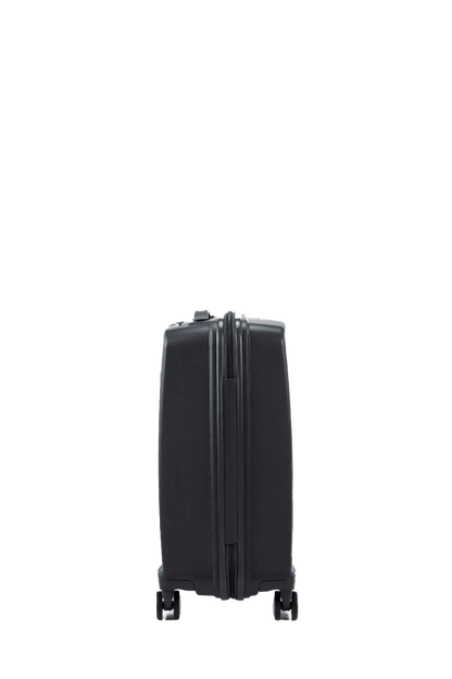 Side view of the American Tourister Argyle hard suitcase in Black, with geometric design, TSA lock, and spinner wheels Available Online