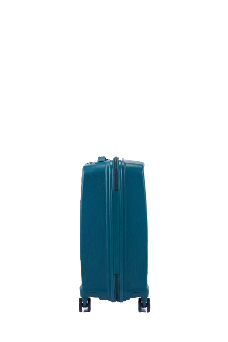 Side view of the American Tourister Argyle hard suitcase in Deep Teal, with geometric design, TSA lock, and spinner wheels Available Online