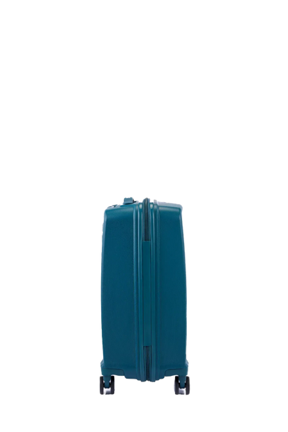 Side view of the American Tourister Argyle hard suitcase in Deep Teal, with geometric design, TSA lock, and spinner wheels Available Online