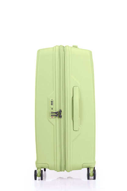 Side view of the American Tourister Argyle  hard suitcase in Frozen Matcha with geometric design, TSA lock, and spinner wheels Available Online