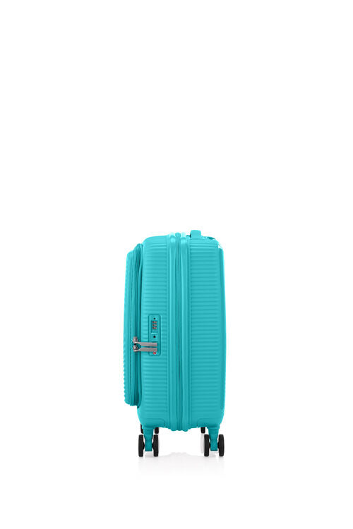 Side view of the American Tourister Curio Book Opening hard luggage spinner in Turquoise, showcasing the zippers and the durable polypropylene shell. Find Now Online