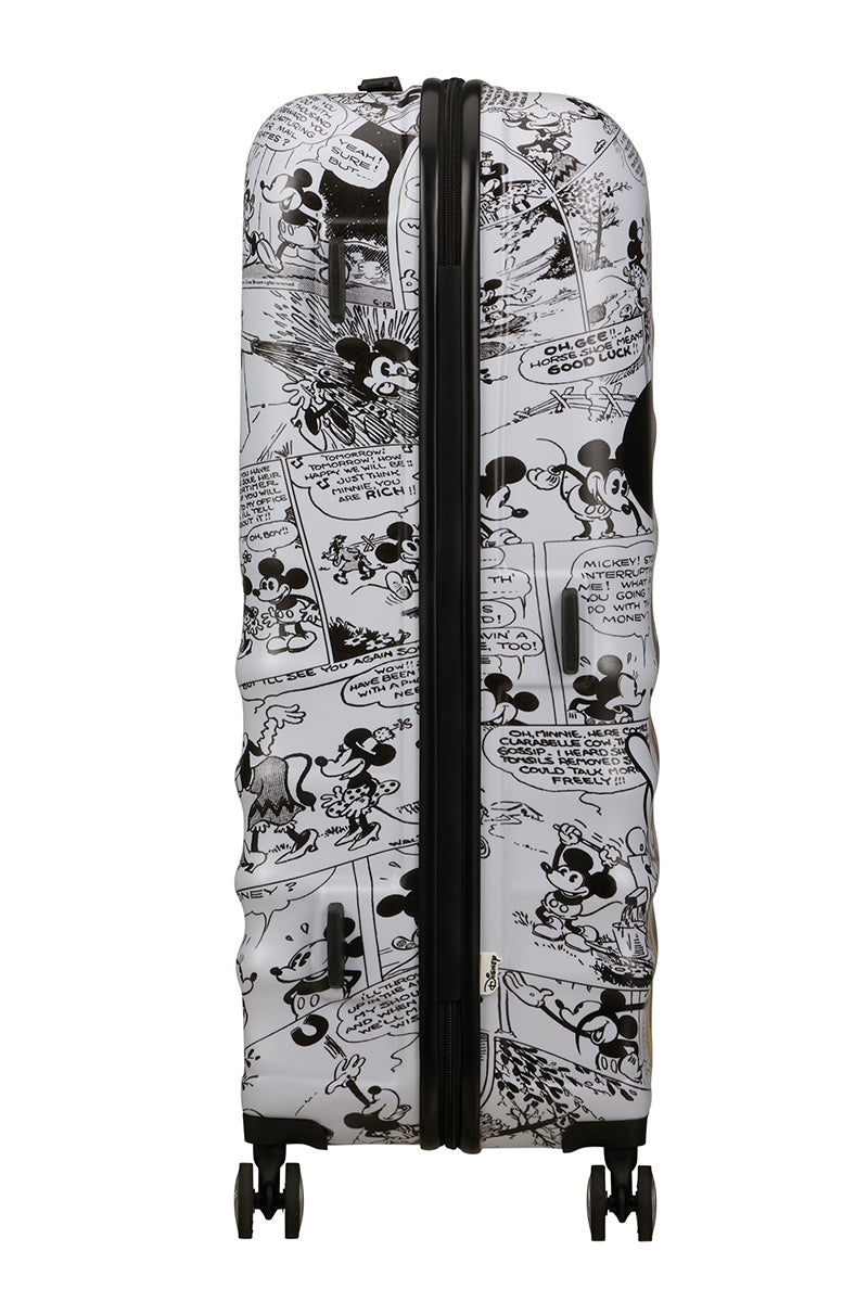 Side view of the American Tourister Disney Wavebreaker spinner luggage, showing the zippers. Available Online