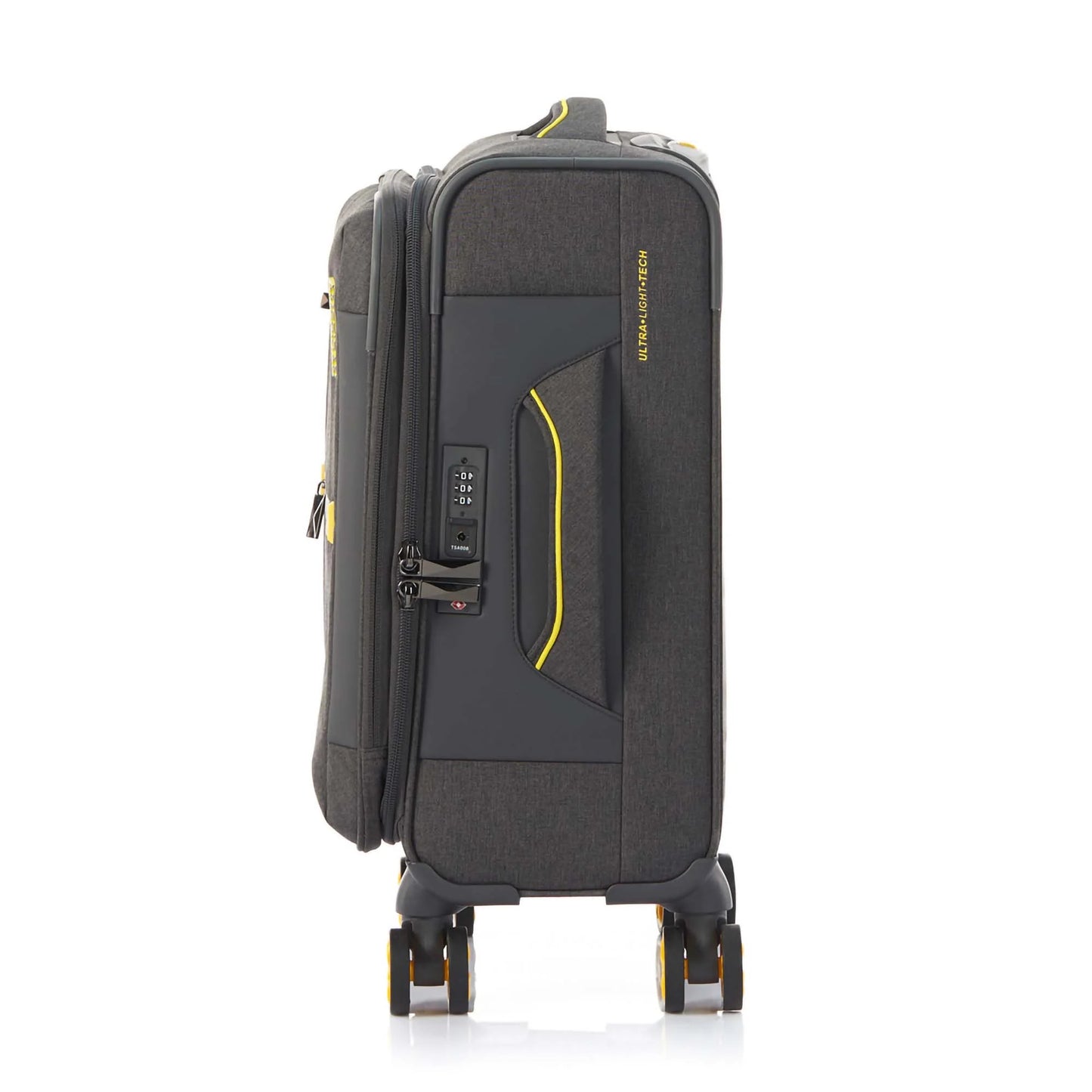 Side view of the American Tourister Droyce soft-shell spinner in Grey, featuring a modern dip-dye color gradient, yellow accents, and a distinctive metal logo. Shop Now Online