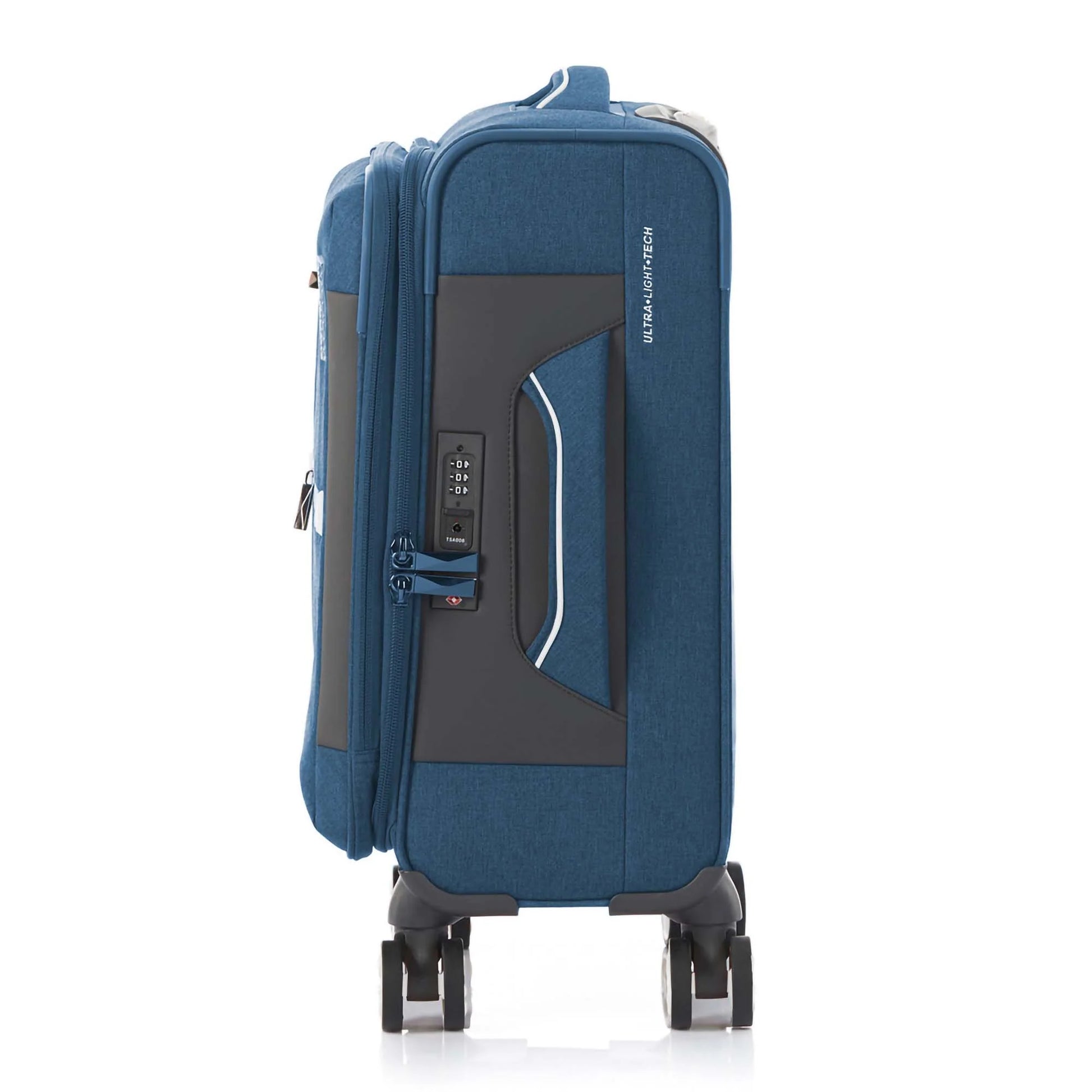 Side view of the American Tourister Droyce soft-shell spinner in Navy, featuring a modern dip-dye color gradient, grey accents, and a distinctive metal logo. Shop Now Online