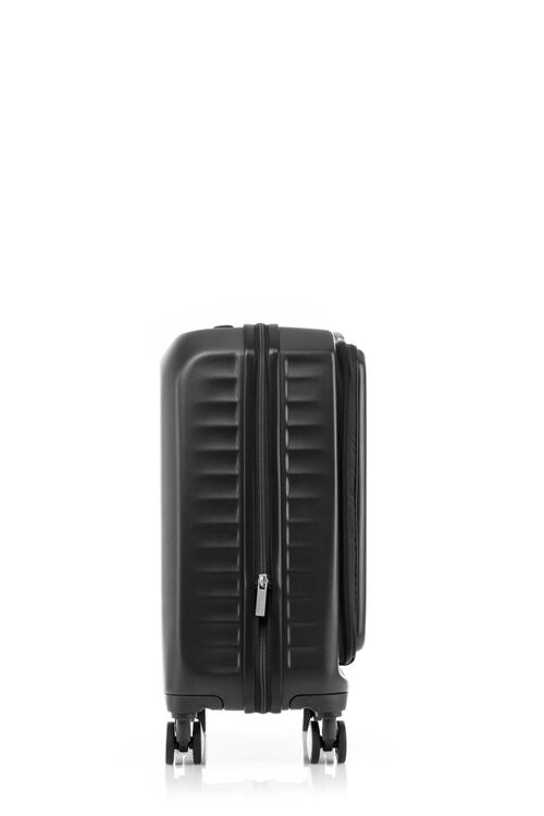 Side view of the American Tourister Frontec Spinner cabin in Black, showcasing its unique vertical front-access door and clean, contemporary lines. Available for Online Purchase