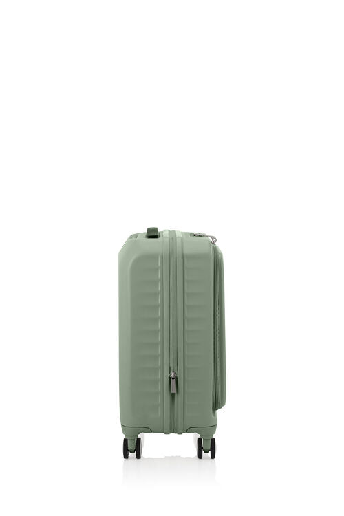Side view of the American Tourister Frontec Spinner cabin in Forest Green, showcasing its unique vertical front-access door and clean, contemporary lines. Available for Online Purchase