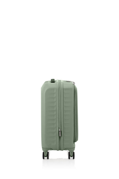 Side view of the American Tourister Frontec Spinner cabin in Forest Green, showcasing its unique vertical front-access door and clean, contemporary lines. Available for Online Purchase