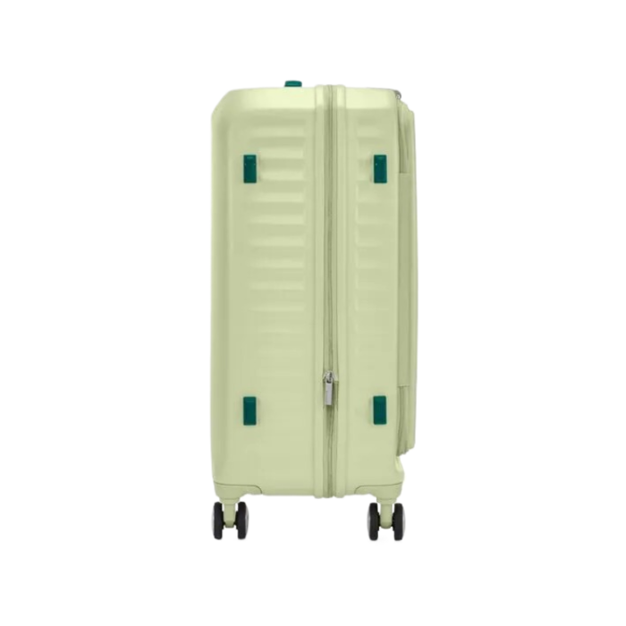 Side view of the American Tourister Frontec Spinner in Frozen Matcha, showcasing its unique vertical front-access door and clean, contemporary lines. Available for Online Purchase