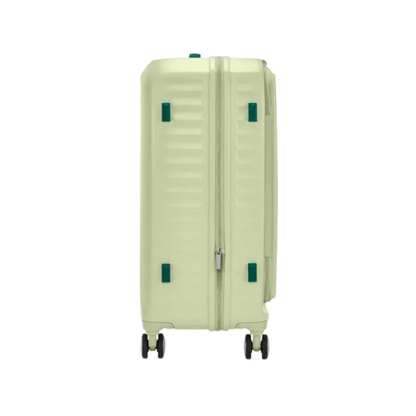 Side view of the American Tourister Frontec Spinner in Frozen Matcha, showcasing its unique vertical front-access door and clean, contemporary lines. Available for Online Purchase