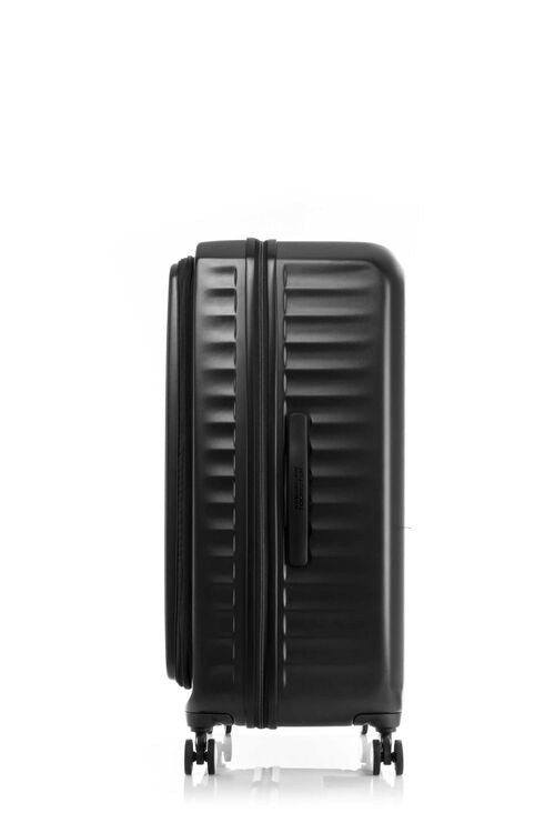 Side view of the American Tourister Frontec Spinner large in Black, showcasing its unique vertical front-access door and clean, contemporary lines. Available for Online Purchase