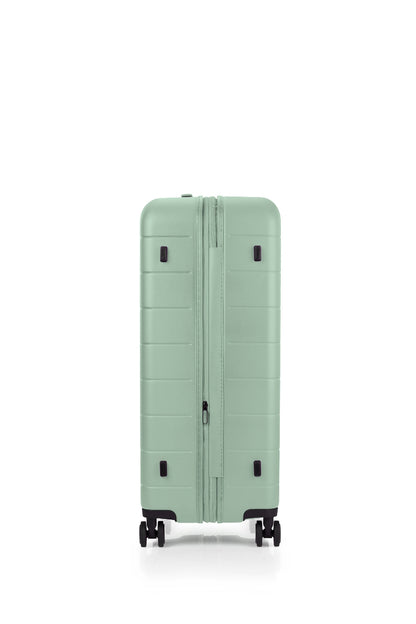 Side view of the American Tourister Novastream hard suitcase Luggage in Nomad Green, with ribbed design, TSA lock, and spinner wheels. Order Online Today