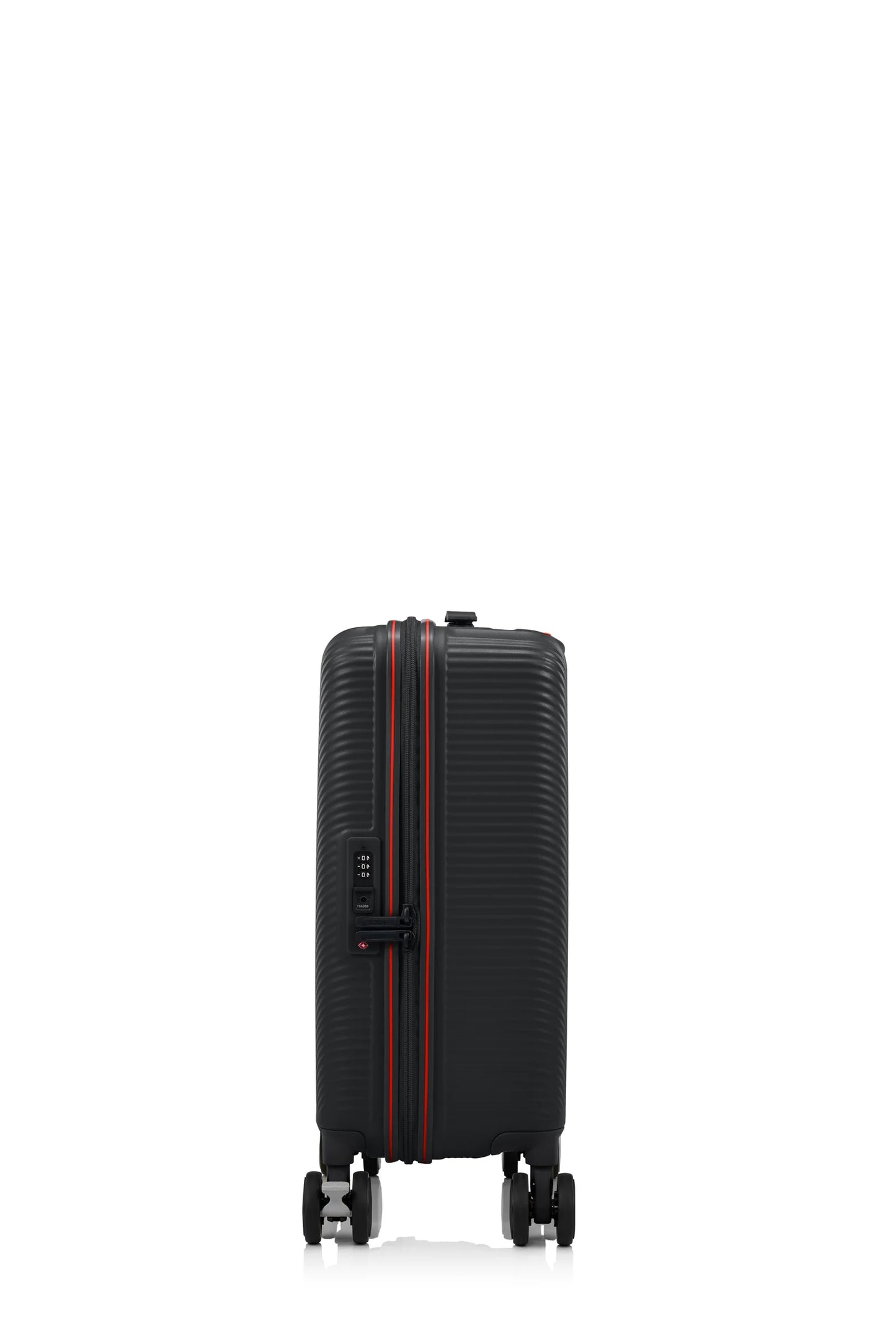 Side view of the American Tourister Robotech spinner hard luggage in Black, showing the sleek textured hardshell and robust double wheels. Shop Online