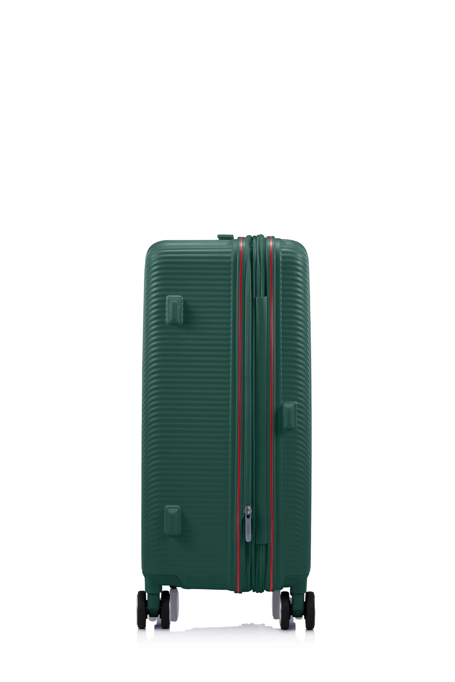 Side view of the American Tourister Robotech spinner hard luggage in Dark Green, showing the sleek textured hardshell and robust double wheels. Shop Online