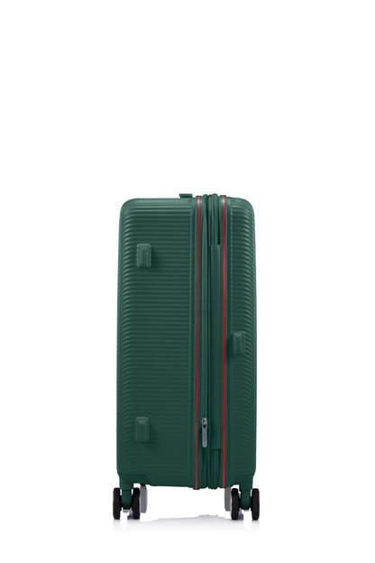 Side view of the American Tourister Robotech spinner hard luggage in Dark Green, showing the sleek textured hardshell and robust double wheels. Shop Online