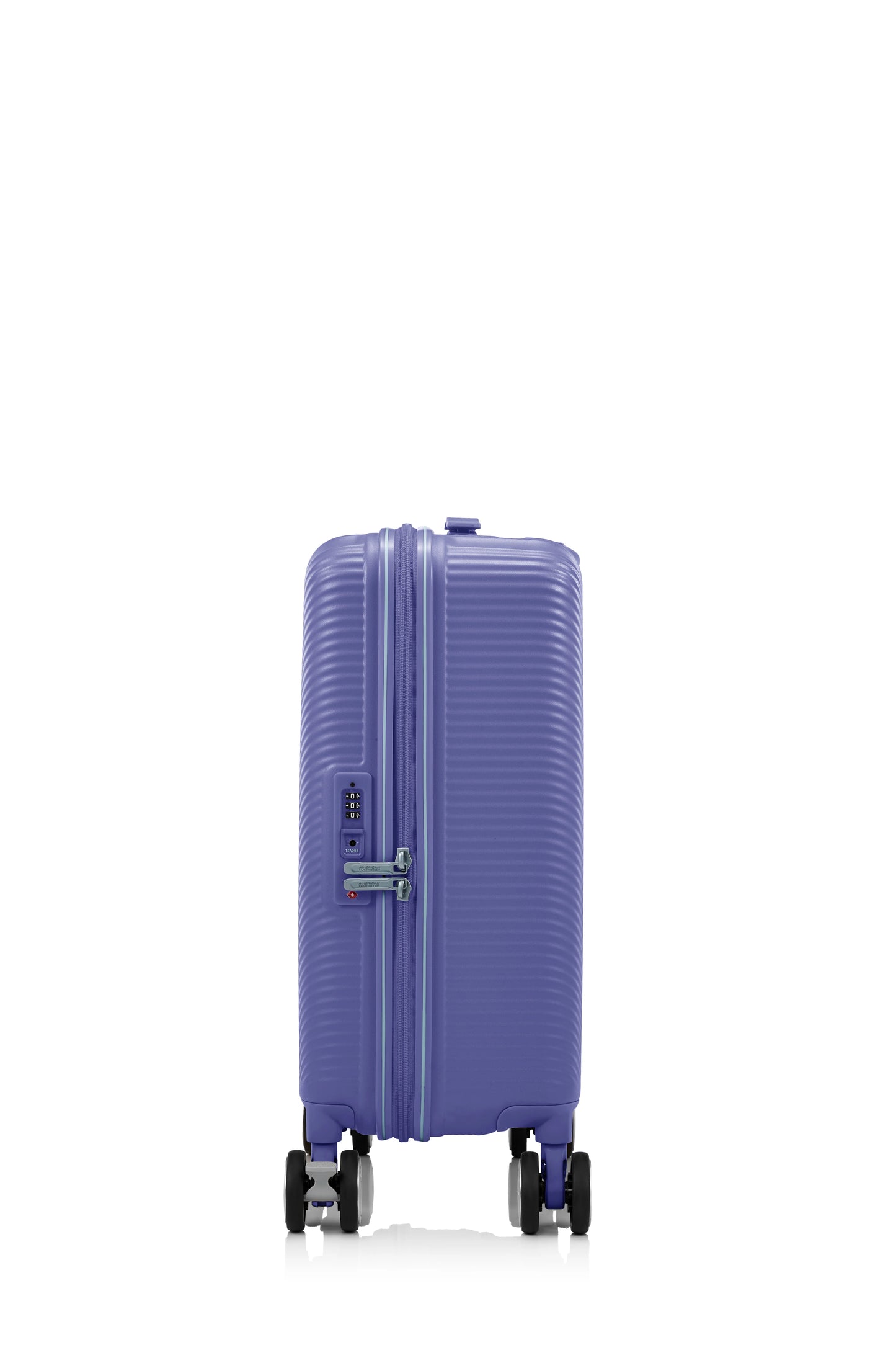 Side view of the American Tourister Robotech spinner hard luggage in Future Dusk, showing the sleek textured hardshell and robust double wheels. Shop Online