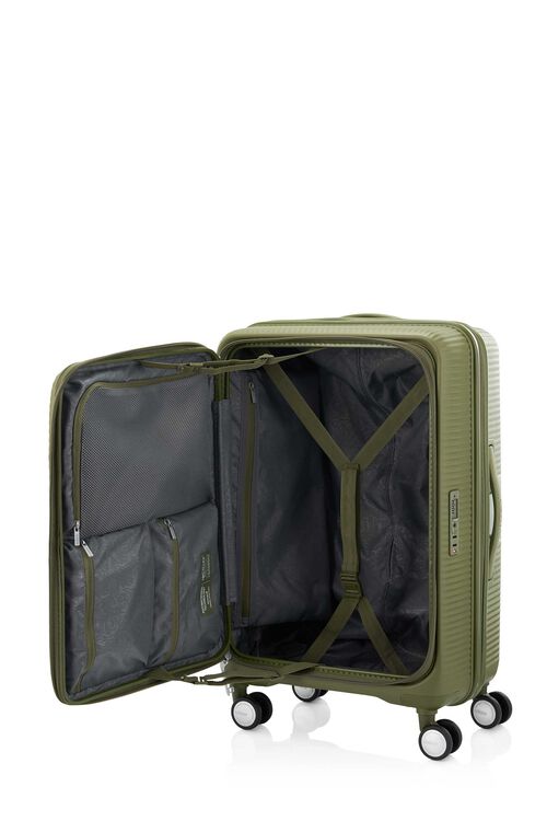 The interior of the Curio Book Opening suitcase in Bo Khaki, demonstrating the 80/20 PlentiVol™ split with a deep main compartment, zippered mesh dividers. Find Now Online