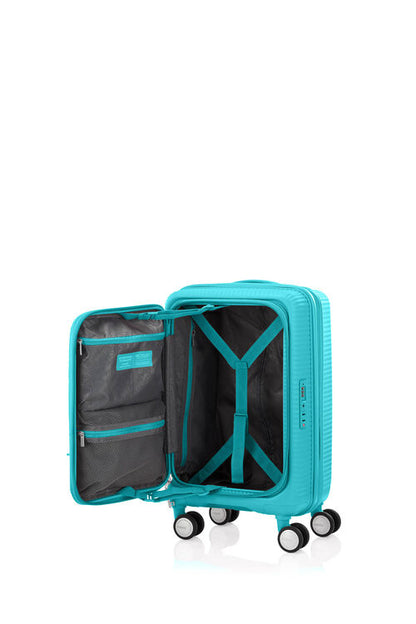The interior of the Curio Book Opening suitcase in Turquoise, demonstrating the 80/20 PlentiVol™ split with a deep main compartment, zippered mesh dividers. Find Now Online