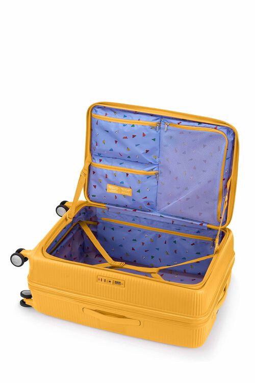 The interior of the Curio Book Opening suitcase in Yellow, demonstrating the 80/20 PlentiVol™ split with a deep main compartment, zippered mesh dividers. Find Now Online