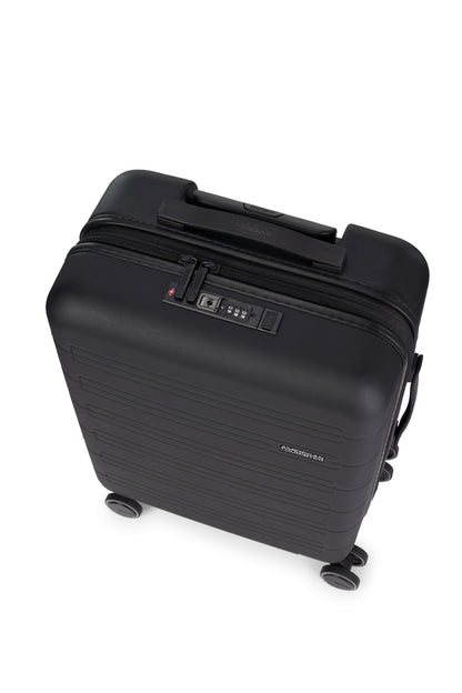 Top view of the American Tourister Novastream hard suitcase Luggage in Dark Slate, with ribbed design, TSA lock, and spinner wheels. Order Online Today