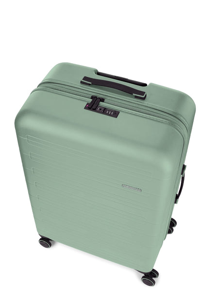 Top view of the American Tourister Novastream hard suitcase Luggage in Nomad Green, with ribbed design, TSA lock, and spinner wheels. Order Online Today