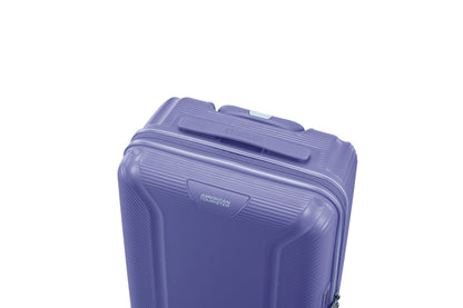 Top view of the American Tourister Robotech spinner hard luggage in Future Dusk, showing the sleek textured hardshell and robust double wheels. Shop Online