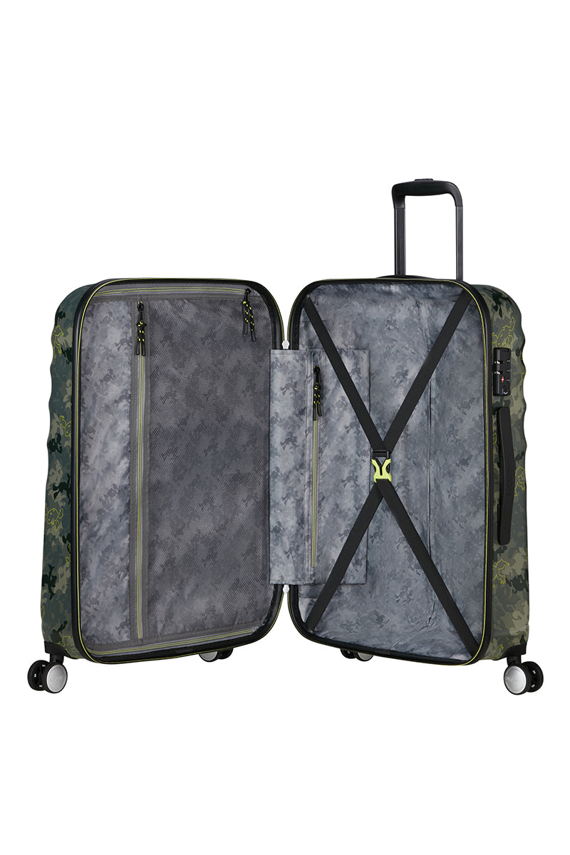 interior of the Donald Duck Camo spinner, revealing the character-themed lining and organized packing compartments. Shop Now Online